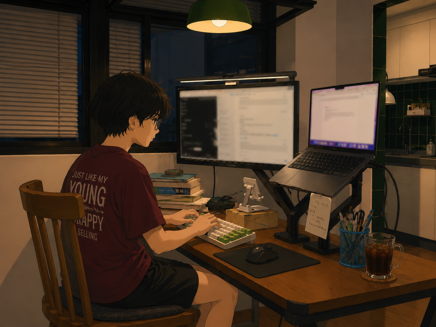 夜晚工作台插画：灯光、电脑、书和正在写作的人